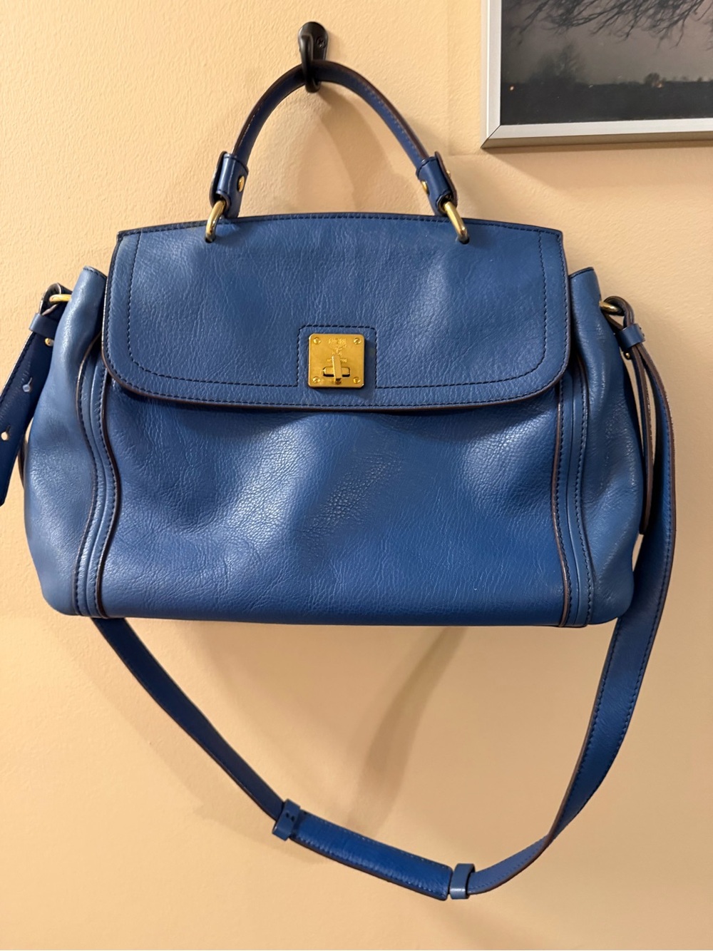 MCM Blue Leather Top-Handle Satchel Bag with Gold Hardware